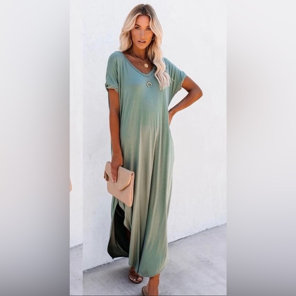 Olive Green V-Neck Maxi Dress - Picture 1 of 7